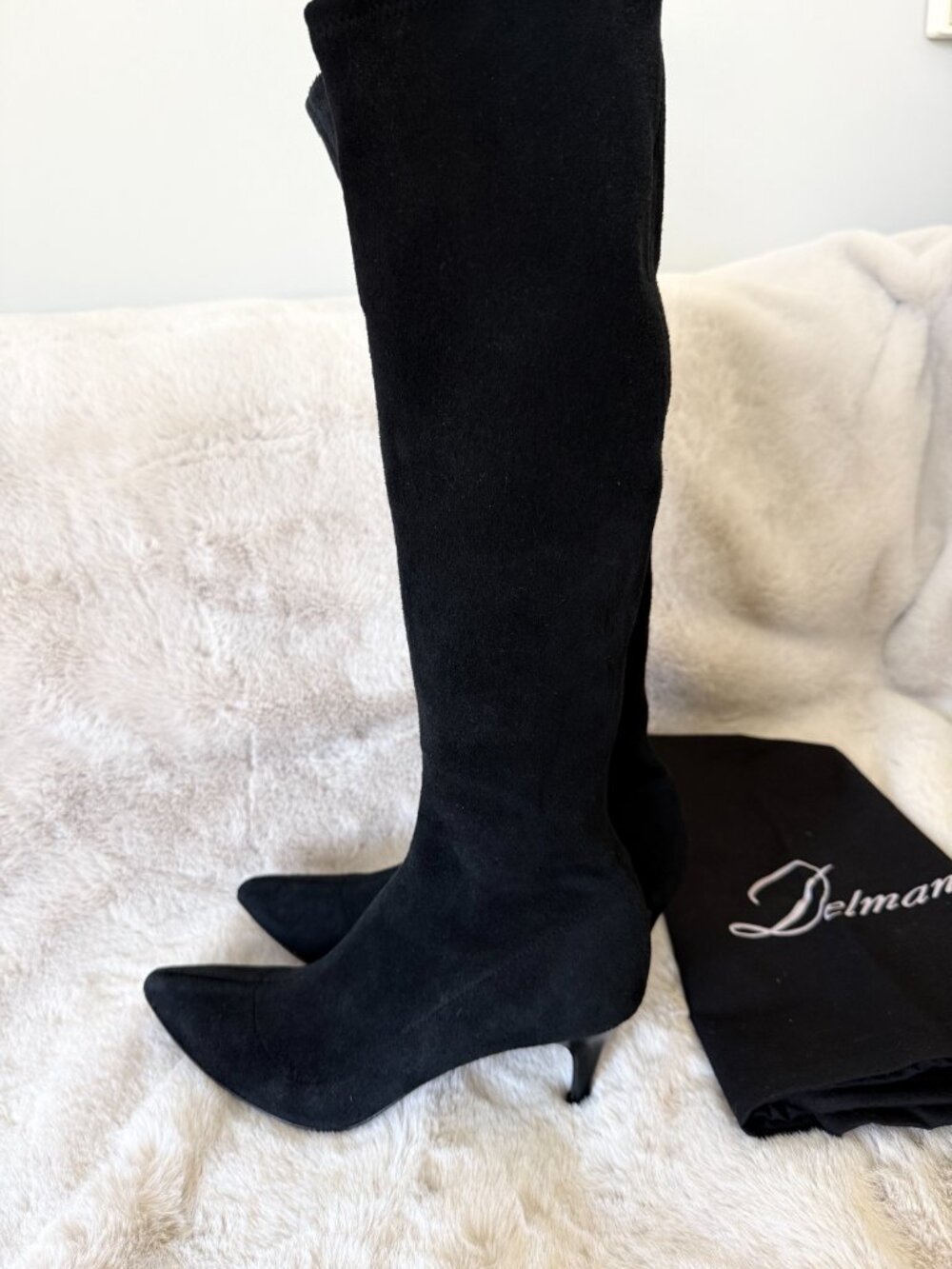 Worn Once! Delman Black Suede Knee-High Boots with Pointed Toe - Picture 4 of 13